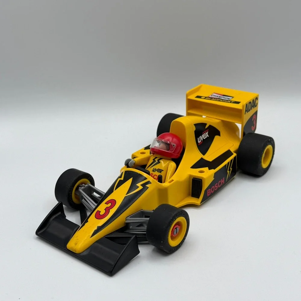 Vintage Playmobil 3930 Formula 1 Yellow Race Car 3 Driver ADAC Uvex Bosch F1